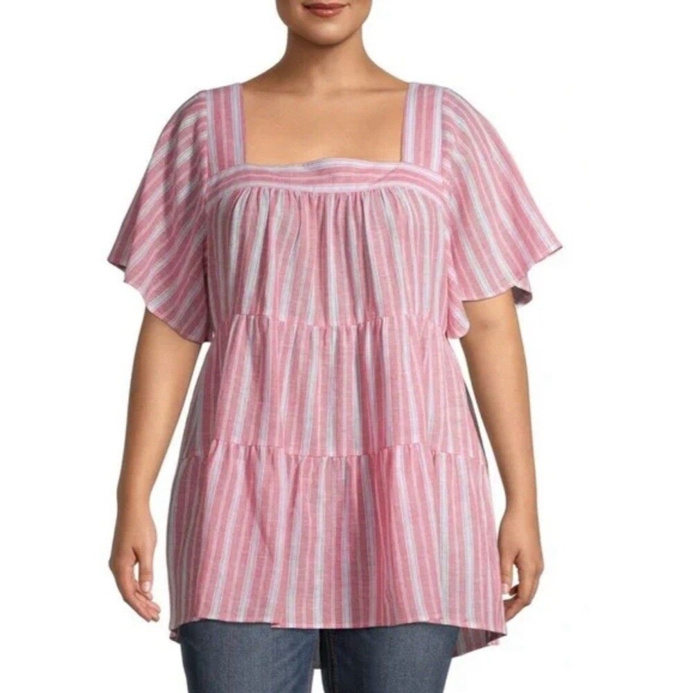 Terra Sky Top 3X Darling Plus Boho Striped Linen Rayon Blend Tiered Swing Shirt